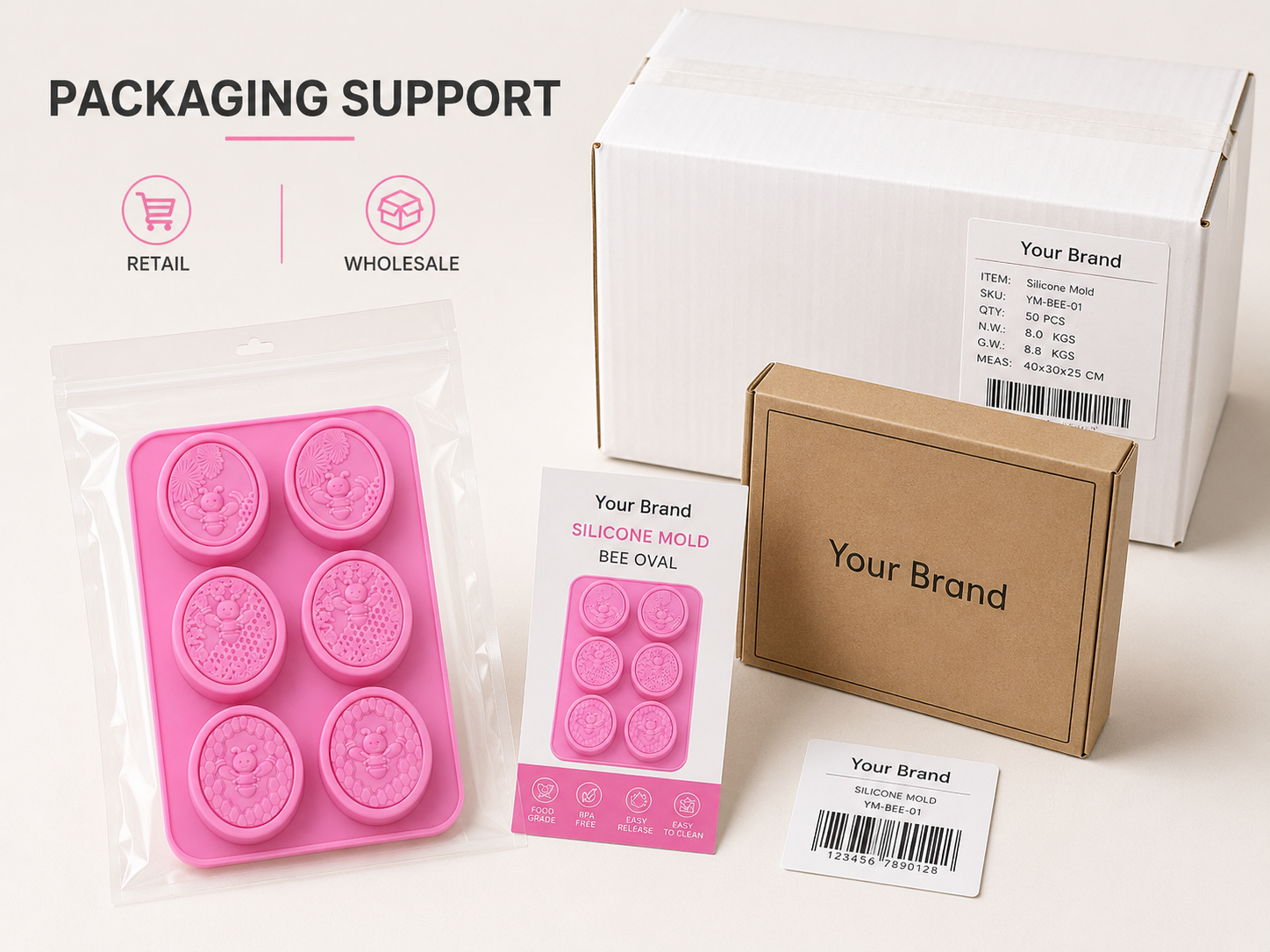 Retail and wholesale packaging support for silicone molds